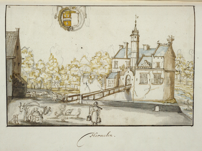 135419 Gezicht vanaf het voorterrein op het omgrachte kasteel Wulven te Houten uit het oosten, met linksboven het wapen ...